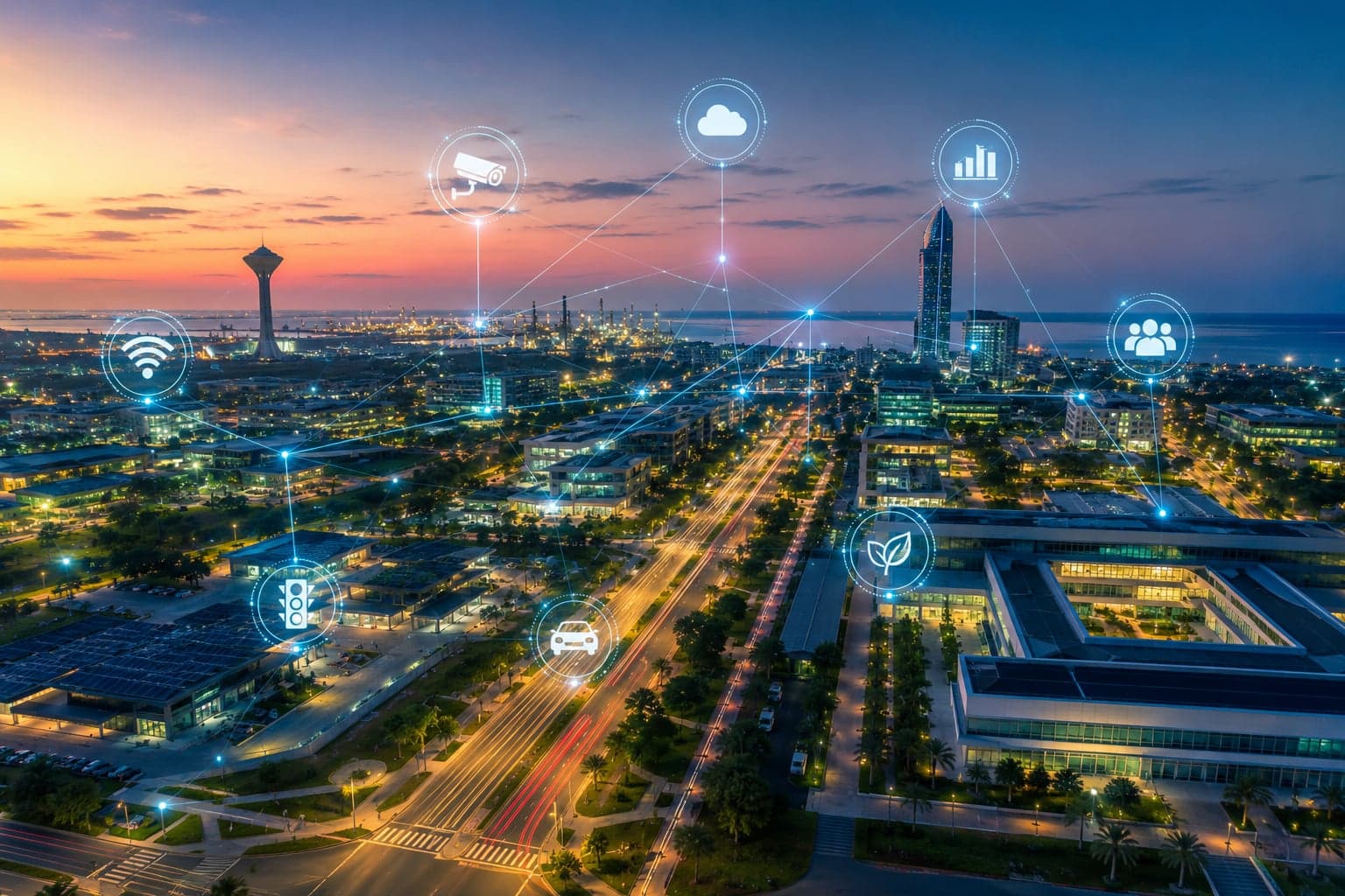 Connected smart city at dusk with an IoT network overlay